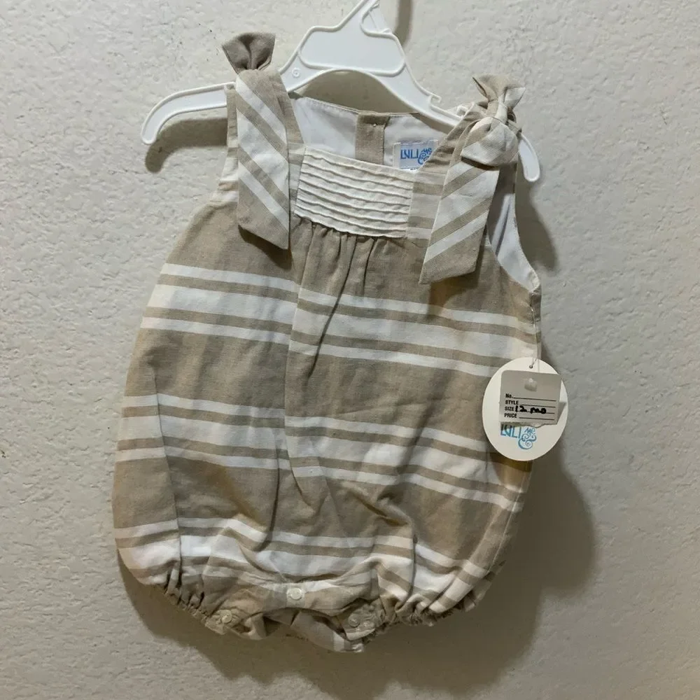 New Luli & Me Baby Girls Linen Stripe Bubble with Bow Shoulders Khaki and White